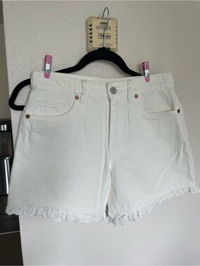 Blank NYC White Lace-Hem Denim Shorts